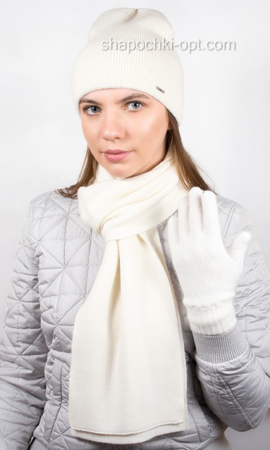 Комплект Мак из шапки, шарфа S-1 и перчаток PR-3 белый