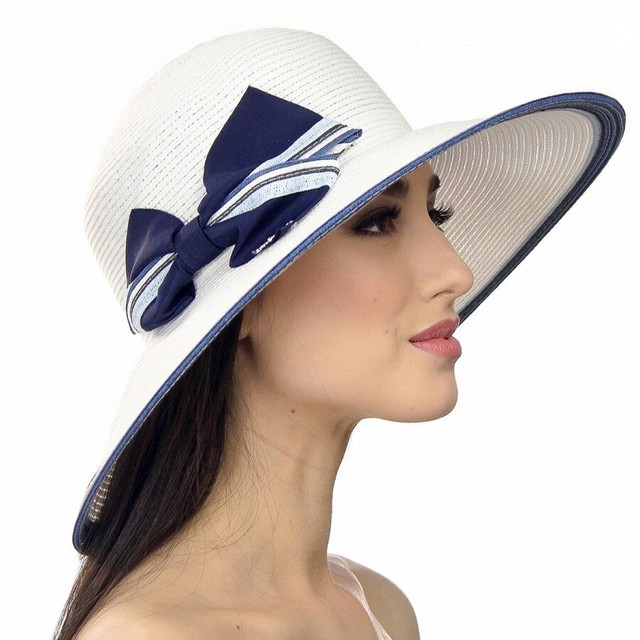 Жіночі капелюхи білі з бантом темно-синього кольору D 007-02.05