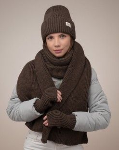 Комплект Satin (шапка, шарф, митенки) пепельно-коричневый