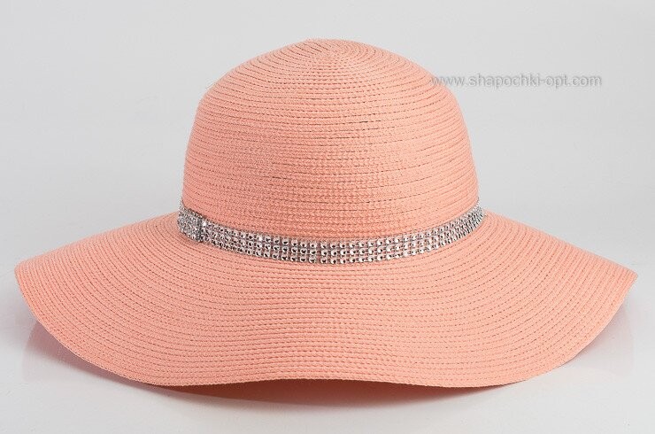 Широкополий жіночий капелюшок зі стрічкою з страз персиковий D 161-52