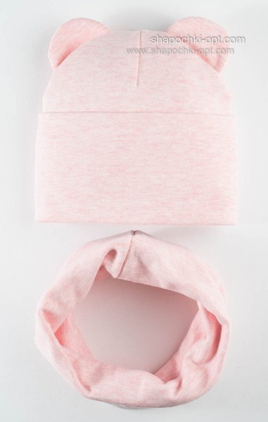 Комплект шапочка и хомут Миша светло-розовый меланж