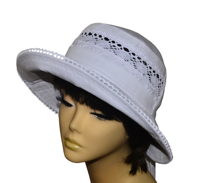 Летняя женская шляпа с кружевом "Бахрома" лен белый 0203-296