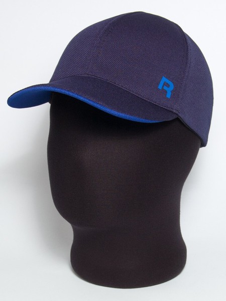 Темно-синяя с подкозырьком цвета электрик бейсболка "R" (лакоста шестиклинка)