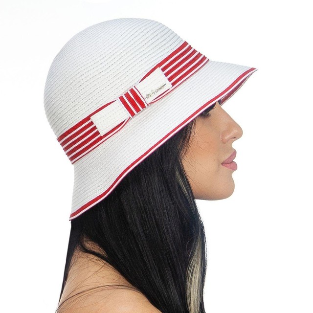Женские шляпки белого цвета с бантом сбоку и красной отделкой D 168-02.13