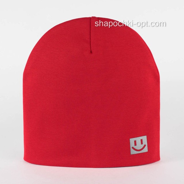 Подовжена трикотажна шапка Смайлик (світловідбиваюча) червона