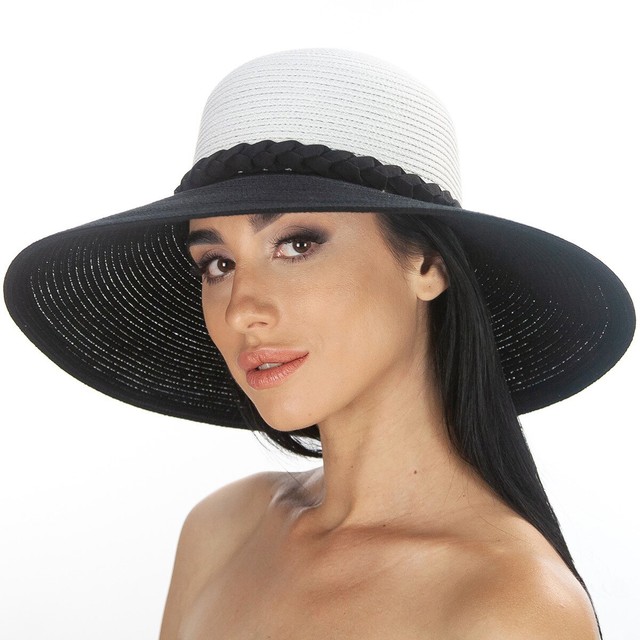 Стильний капелюх з широким полем білий з чорним D 181-02.01