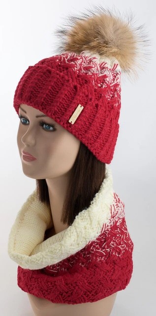 Жіночий комплект шапка з помпоном і бафа Марігранд червоний + молочний