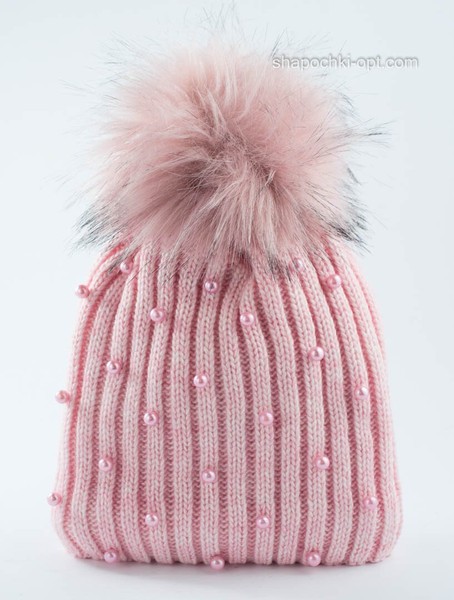 Удлиненная шапка с помпоном и бусинками Ханна светло-розовая