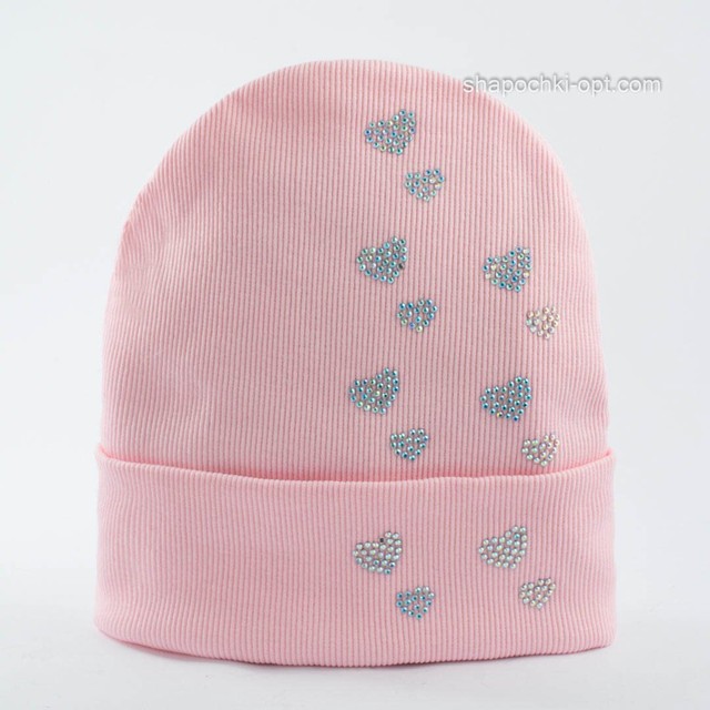Подовжена трикотажна шапка на флісі Сердечко рожева