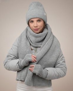 Комплект Satin (шапка, шарф, мітенки) світло-сірий