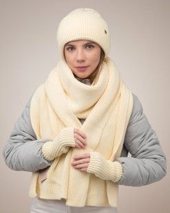 Комплект Frostine (шапка, шарф, мітенки) айворі