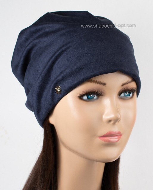 Подовжена жіноча шапочка зі штучної замші темно-синя