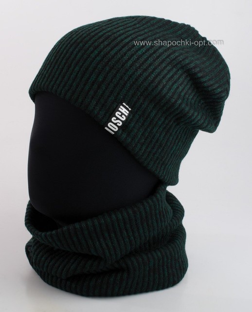 Комплект шапка и бафф Лапша чистая темно-зеленого цвета