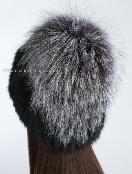 Шапка парик из меха кролика и чернобурки Каскад темно-серая