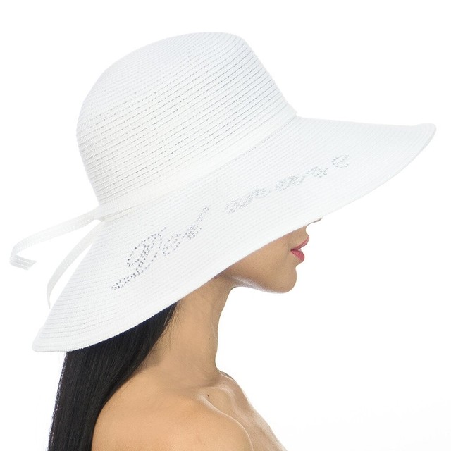 Шляпа Дель Мар с надписью стразами на поле белого цвета D 135-02
