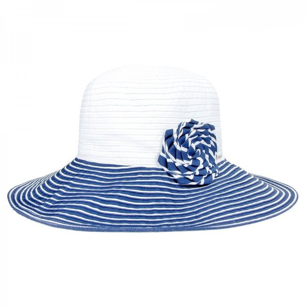 Білі капелюхи з смугастим полем синього кольору і квіткою з стрічки D 030-02.05