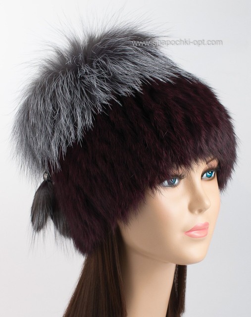 Зимняя меховая шапка из кролика и чернобурки Барбара темно-бодовая