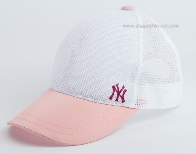 Женская летняя бейсболка NY белая с светло-розовым козырьком, сетка шестиклинка