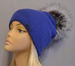 Женская теплая шапка с помпоном из чернобурки Жанна синяя