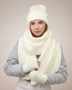 Комплект Satin (шапка, шарф, мітенки) молочний