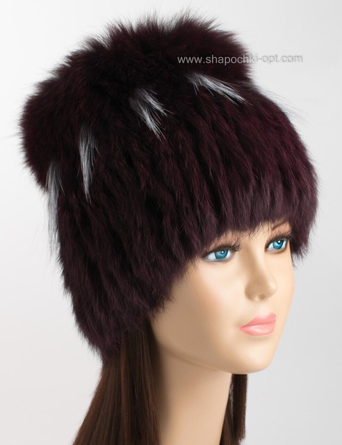 Меховая шапка-парик Барбара с песцовым помпоном темно-бордовая