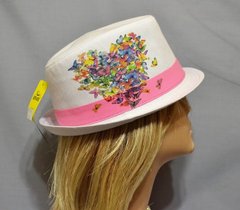 Шляпы оптом Джокер фотопринт х/б белый "Сердце из бабочек" белый+ярко-розовая лента 070453