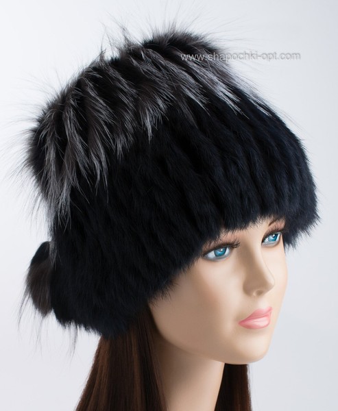 Женская шапка из меха чернобурки и кролика темно-синяя