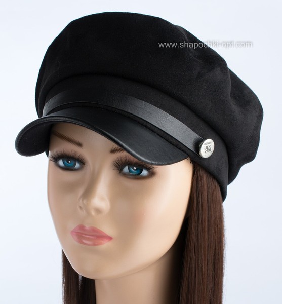 Чорна жіноча кепка Симона зі штучної замші і шкірозамінника 9901