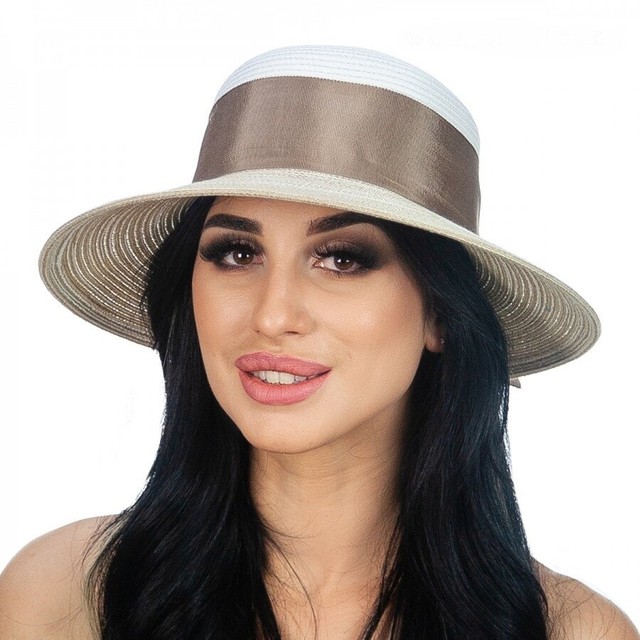 Женская шляпа с ассиметричным полем белая с коричневым D 170-02.32