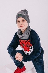 Комплект для мальчиков из шапки и хомута серого цвета