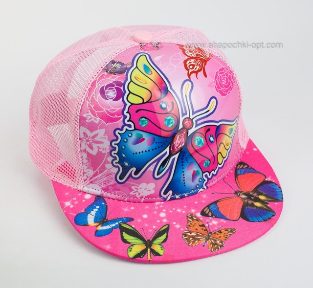 Стильная детская кепка snapback "Бабочки 3D" светло-розовая сетка.
