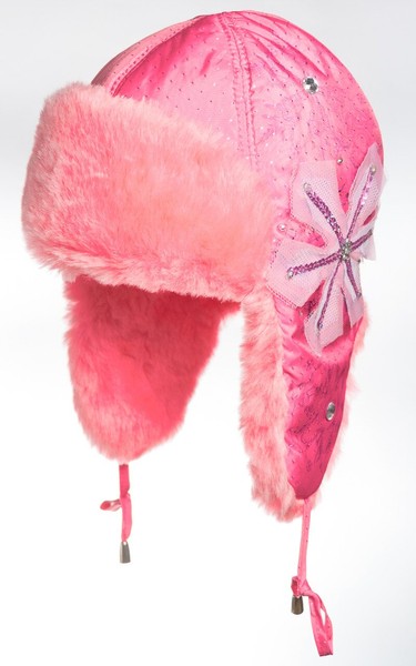 Красивая шапка-ушанка розового цвета с персиковым мехом