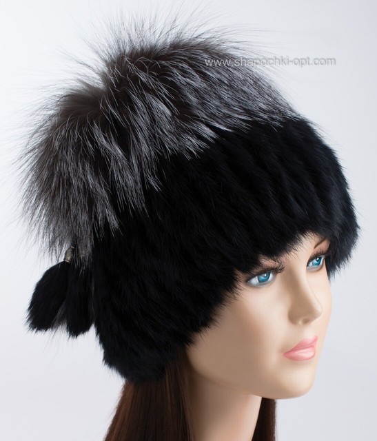 Женская шапка из меха кролика и чернобурки Барбара темно-синяя